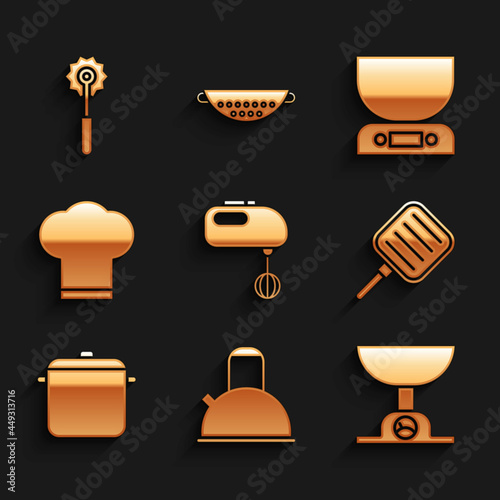 Set Electric mixer, Kettle with handle, Electronic scales, Frying pan, Cooking pot, Chef hat, and Pizza knife icon. Vector