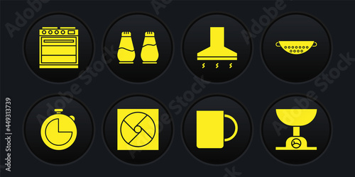 Set Kitchen timer, colander, Ventilation, Coffee cup, extractor fan, Salt pepper, Electronic scales and Oven icon. Vector