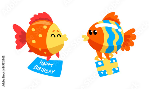Funny Fish Character Floating with Gift Box Celebrating Holiday Vector Set