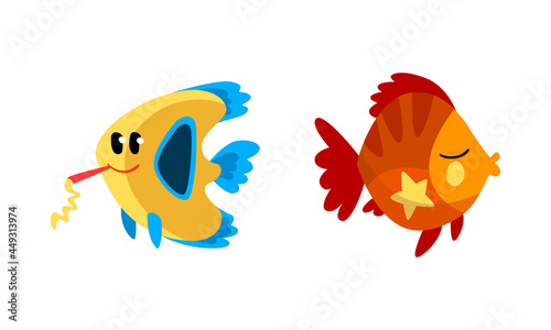 Funny Fish Character Floating with Whistle Celebrating Holiday Vector Set