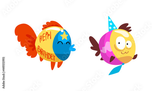 Funny Fish Character in Birthday Hat Floating Celebrating Holiday Vector Set