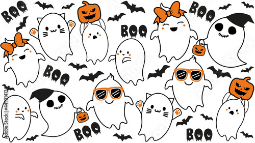 Cute ghost Collection with Pumpkin and Bat. Halloween hand drawn on t-shirt design, greeting card or poster design Background Vector Illustration..