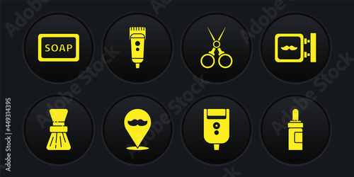 Set Shaving brush, Barbershop, Electric razor blade for men, Scissors hairdresser, Electrical clipper shaver, Beard and mustaches care oil bottle and of soap with foam icon. Vector