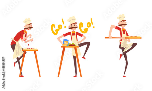 Moustached Male Pizzaiolo in Apron and Toque Preparing Italian Pizza Kneading Dough and Topping with Ingredients Vector Set