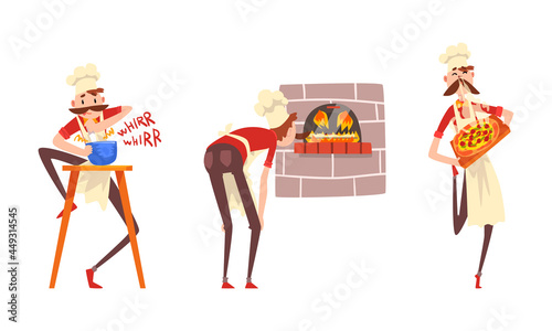 Moustached Male Pizzaiolo in Apron and Toque Preparing Italian Pizza Whisking Dough and Smelling Vector Set
