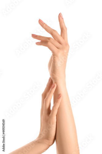 Female hands with beautiful manicure on white background, closeup