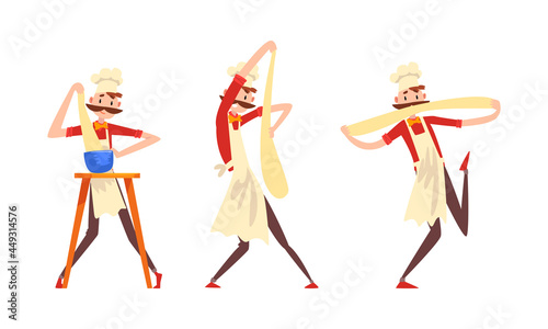 Moustached Male Pizzaiolo in Apron and Toque Preparing Italian Pizza Kneading and Tossing Dough Vector Set