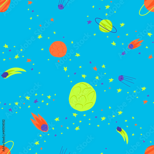 Seamless space blue background with planets with meteorites. Outer space for the design of children's things. Flat vector illustration.