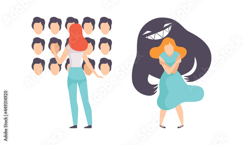 Woman Having Mental Disorder and Psychic Illness Vector Set