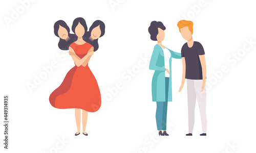 Man and Woman Having Mental Disorder and Psychic Illness Engaged in Psychotherapy and Treatment Vector Set