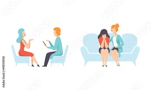 Woman Having Mental Disorder and Psychic Illness Engaged in Psychotherapy and Treatment Vector Set