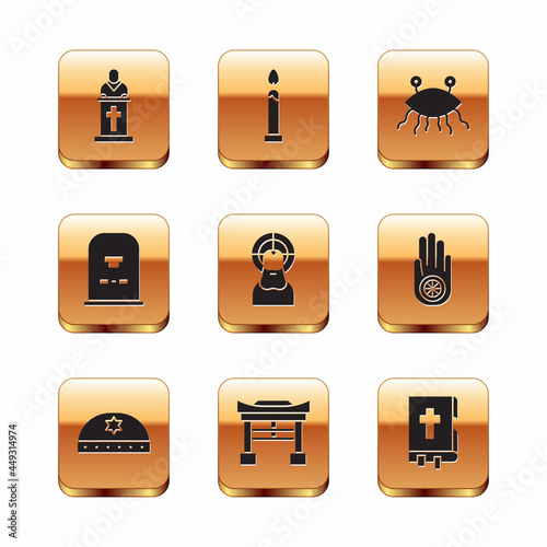 Set Church pastor preaching, Jewish kippah with star of david, Japan Gate, Jesus Christ, Tombstone RIP written, Pastafarianism, Holy bible book and Burning candle icon. Vector