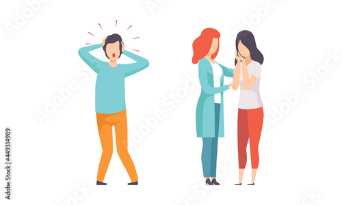 Man and Woman Having Mental Disorder and Psychic Illness Engaged in Psychotherapy and Treatment Vector Set