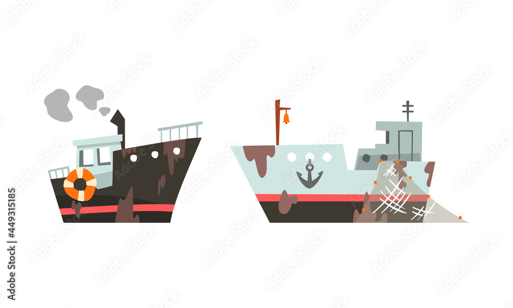 Fishing Vessel or Boat with Net and Steaming Funnel for Catching Fish in the Sea Vector Set