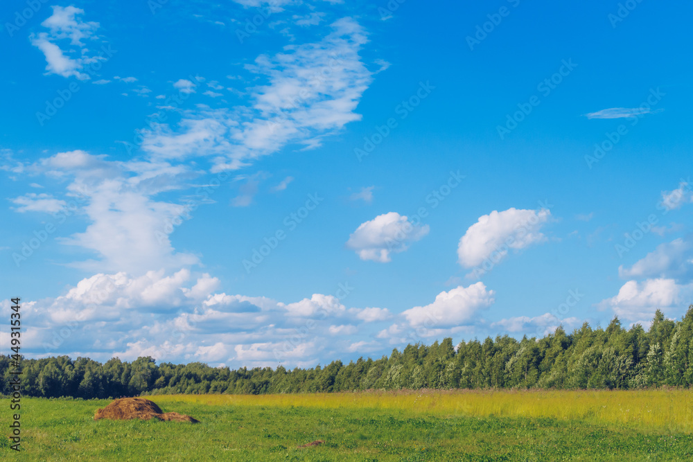 Summer field grass with hay in the middle. Meadow picturesque summer landscape with clouds on blue marvelous sky view background. Green grassland countryside stock photo. Summer field grass with hay in the middle. Meadow picturesque summer landscape with clouds on blue marvelous sky view background. Green grassland countryside stock photo.