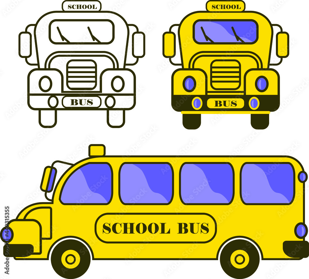 Clipart set with school bus outline and flat style Clipart set with school bus outline and flat style