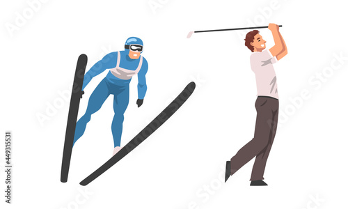 Man Character Ski Jumping and Playing Golf Vector Set