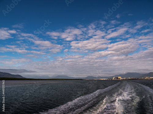 Leaving Cairns Harbour with Boat Wake and View to Cairns