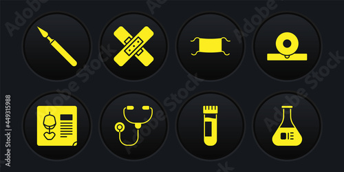 Set X-ray shots, Otolaryngological head reflector, Stethoscope, Test tube with blood, Medical protective mask, Crossed bandage plaster, flask and surgery scalpel icon. Vector