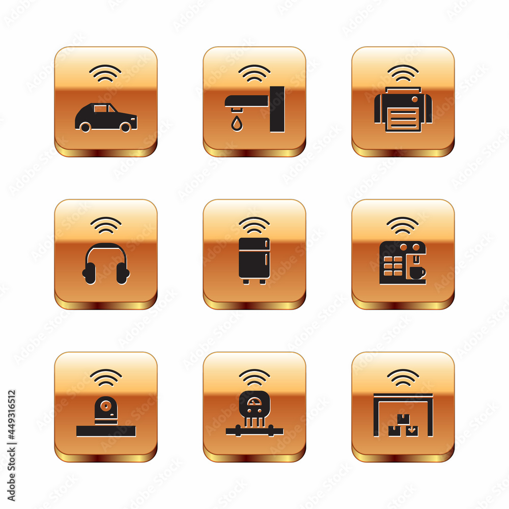 Set Smart car system with wireless, security camera, sensor, refrigerator, headphones, printer, warehouse and water tap icon. Vector Set Smart car system with wireless, security camera, sensor, refrigerator, headphones, printer, warehouse and water tap icon. Vector