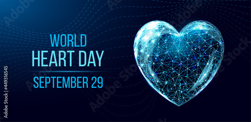 World heart day concept. Wireframe low poly style.   Abstract modern 3d vector illustration on dark blue background.