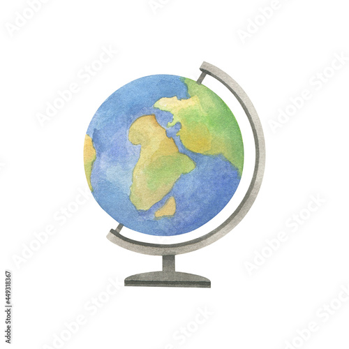 Globe on a stand. World map. Watercolor drawing.