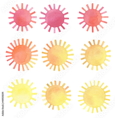 Set of sun discs with rays. Watercolor drawing.