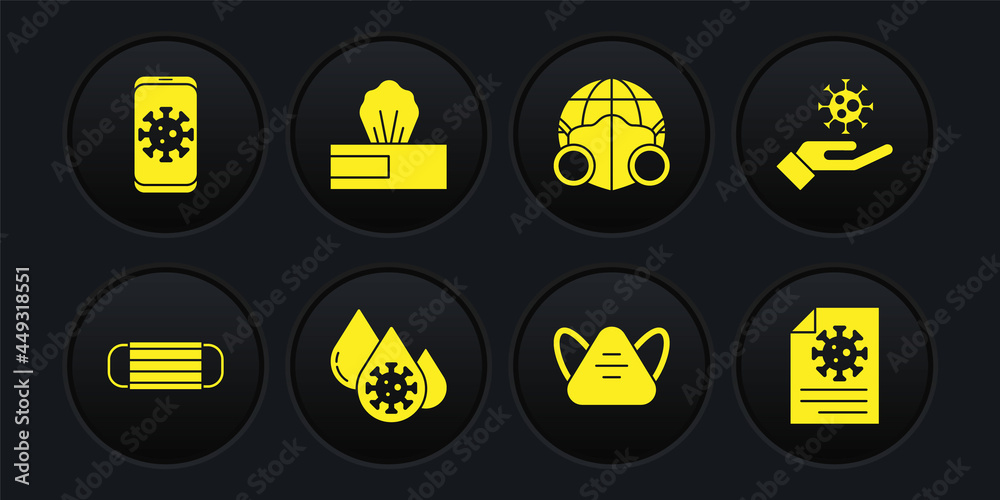 Set Medical protective mask, Hand with virus, Blood test, Earth medical, Wet wipe pack, Clipboard blood results and Virus statistics on mobile icon. Vector Set Medical protective mask, Hand with virus, Blood test, Earth medical, Wet wipe pack, Clipboard blood results and Virus statistics on mobile icon. Vector