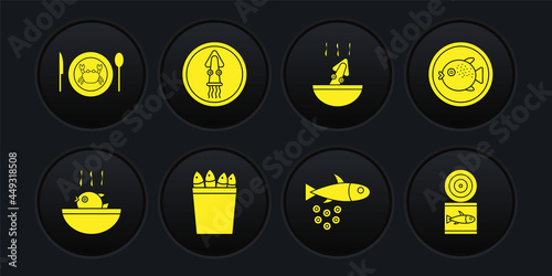 Set Puffer fish soup, on a plate, Fishing bucket with fishes, caviar, Soup octopus, Octopus, Canned and Served crab icon. Vector