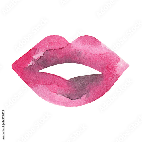 Pink female lips. Watercolor drawing.