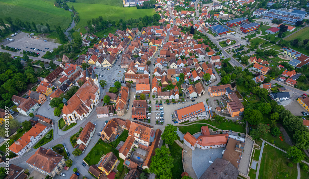 Aerial view of the city Herrieden in Germany, Bavaria on a cloudy day in Spring