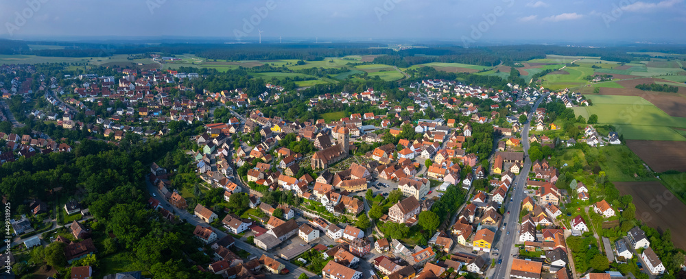 Aerial view of the city Heilsbronn in Germany, Bavaria on a sunny day in Spring
