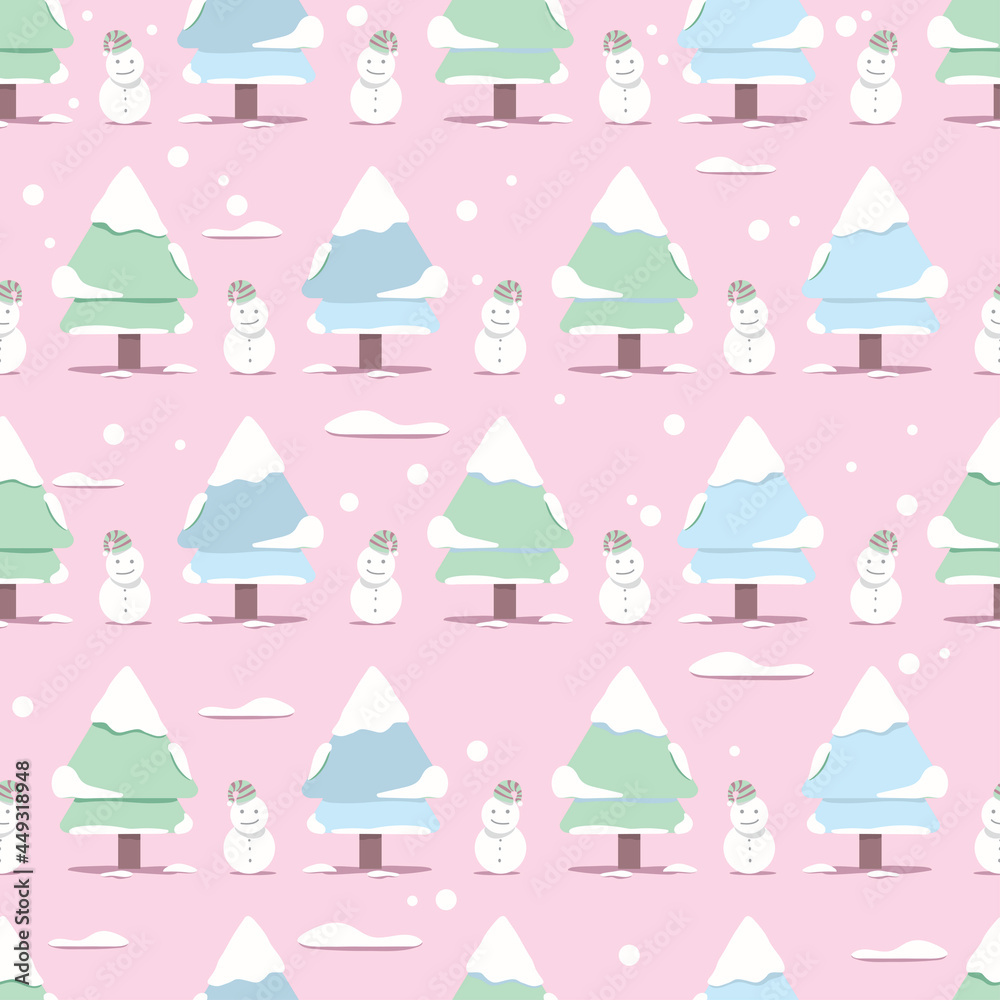Vector Cute of Spruce trees or Christmas tree with snowman, pastel colour, vector seamless pattern. The concept for Christmas and winter Design season. Graphic flat design. Vector Cute of Spruce trees or Christmas tree with snowman, pastel colour, vector seamless pattern. The concept for Christmas and winter Design season. Graphic flat design.