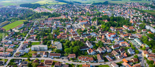 Aerial view of the city Neuendettelsau in Germany, Bavaria on a sunny day in Spring