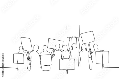 crowd of protesters with placards - one line drawing vector. rally concept, political event, civil resistance, revolutionaries, opposition leaders