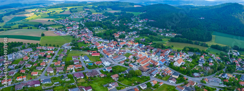 Aerial view of the city Stamsried Germany, Bavaria on a cloudy day in Spring