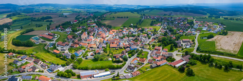 Aerial view of the village and castle Neukirchen-Balbini in Germany, Bavaria on a sunny day in Spring