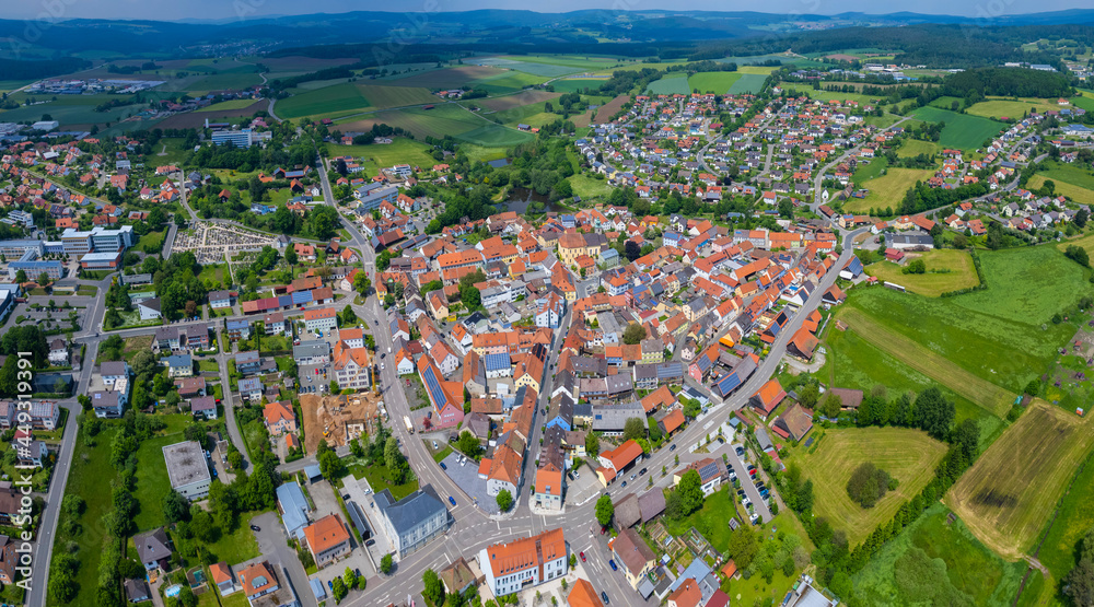 Aerial view of the city Oberviechtach in Germany, Bavaria on a sunny day in Spring