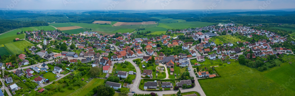 Aerial view of the city Oggenhausen in Germany, Bavaria on a sunny day in Spring