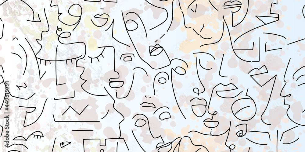 One line drawing. Abstract face seamless pattern.