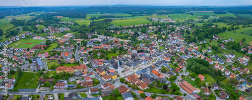 Aerial view of the city Kirchenthumbach in Germany, Bavaria on a sunny day in Spring