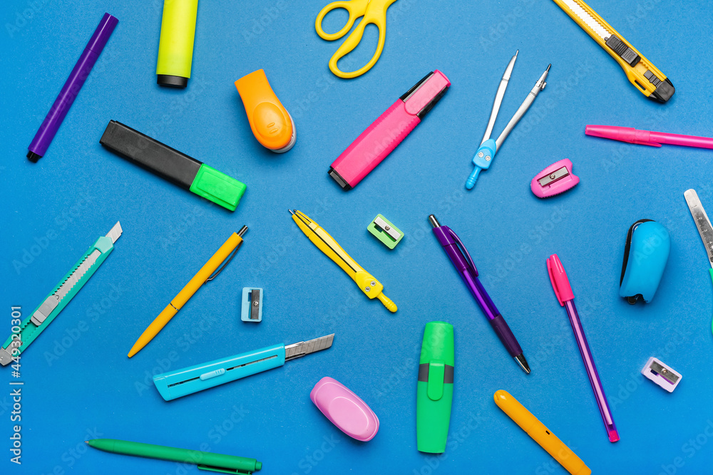 School supplies on color background School supplies on color background
