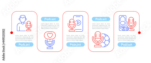 Podcast design elements. Vector infographic template with line icons. Data visualization with five steps. Process timeline chart.