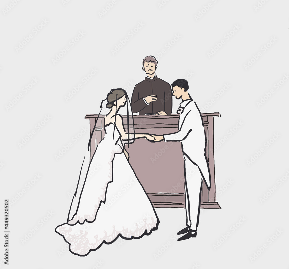 結婚式場で手を取り合う新郎新婦と神父 牧師 司祭 ウエディング 結婚式 Stock Illustration Adobe Stock