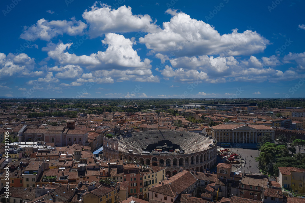Historical part of the city of Verona, Italy. Aerial view of Arena Verona. Top view of the amphitheater in the center of Verona. Piazza Bra panoramic aerial view. Italian Colosseum top view.