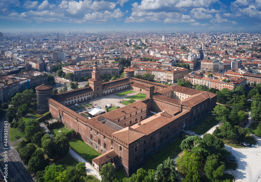 Panoramic top view of Sforzesco castle in Milan Italy. The main Italian castle in Milan. The residence of the Sforza dynasty of Milan in the center of Milan. Castello Sforzesco aerial view.
