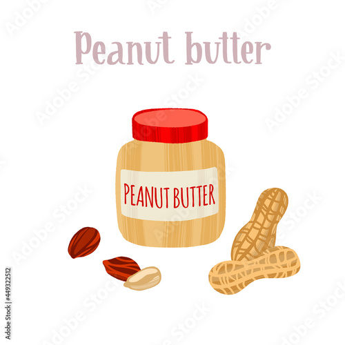 Peanut butter in a jar with peanuts around. Healthy nutrition product.