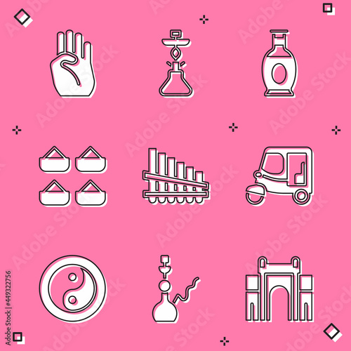 Set Indian symbol hand, Hookah, vase, spice, Pan flute, Taxi tuk tuk, Yin Yang and icon. Vector