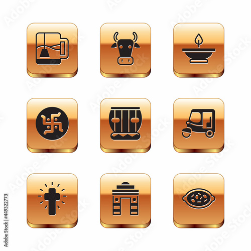 Set Cup of tea with tea bag, Christian cross, India Gate in Delhi, Instrument tabla, Hindu swastika, Aroma lamp, Kheer bowl and Cow icon. Vector