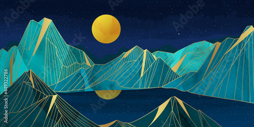 Gold mountain wallpaper design with landscape line arts, Golden luxury background design for cover, invitation background, packaging design, wall arts, fabric, and print. Vector illustration.